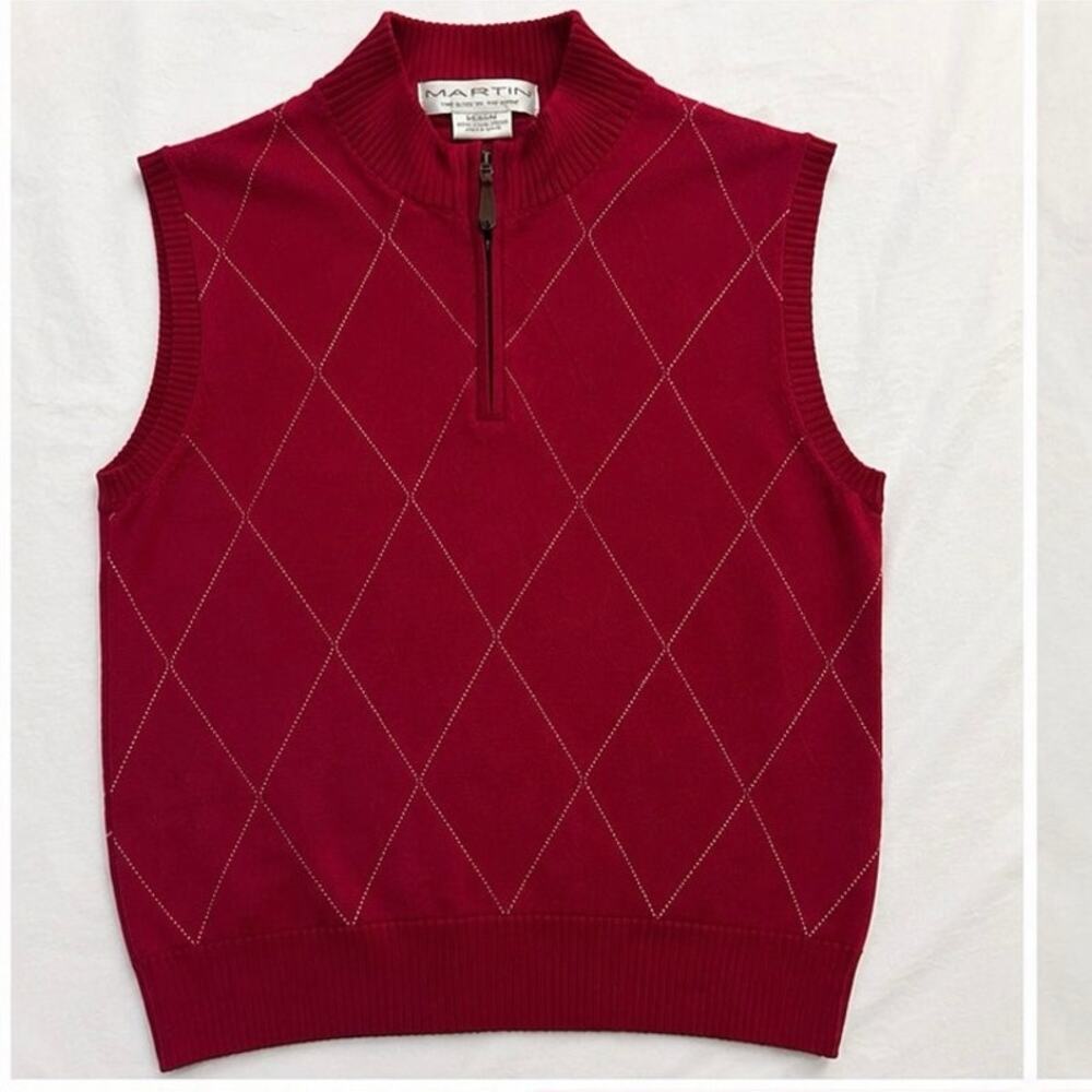 Martin Italian Merino Wool Red Argyle Zip Mock Neck Sweater Vest M Golf Preppy